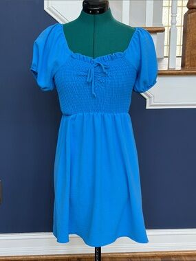 Altar'd State Bright Blue Smocked Puff Sleeve Mini Dress